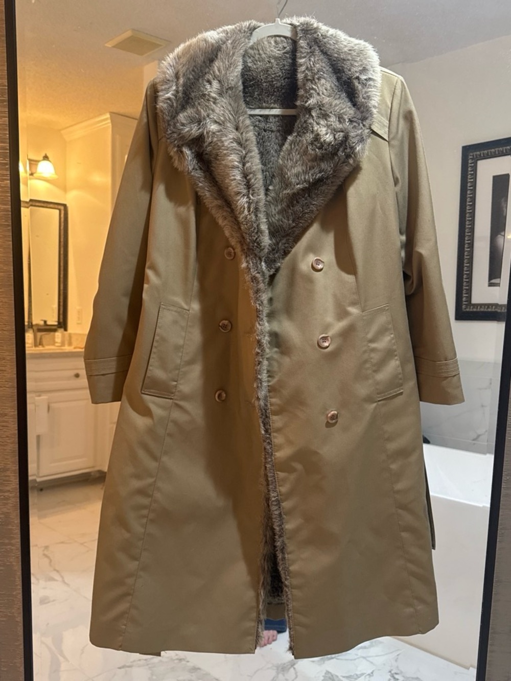 Women's Faux-Fur Trim Tan Trench Coat